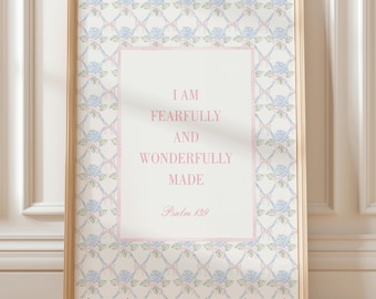 Kunst aan de muur christelijk meisje kinderkamer, ik ben angstig en prachtig gemaakt, Psalm 139, roze Grandmillennial kinderkamer print, meisjeskamer bijbel print