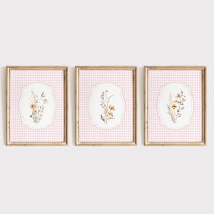 Gingham Floral Nursery Wall Art, Girl Nursery Print, Wildflower Girl Room Decor, Pink Nursery Wall Art, Printable Floral Poster