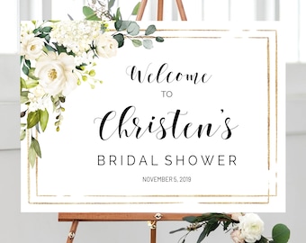 Bridal Shower Welcome Sign, Shower Welcome Poster, Greenery  Bridal Shower, White Flowers, Bridal Shower Decoration, Welcome Template, WBG