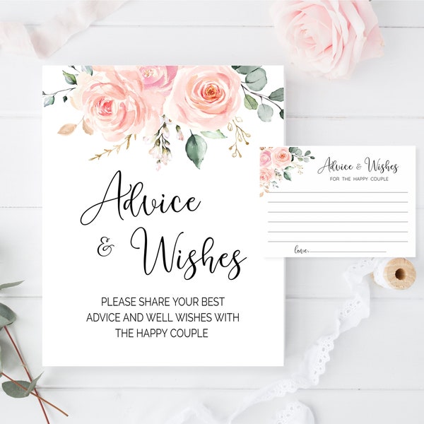 Advice and Wishes for The Happy Couple Sign and Card, Blush Floral Bridal Shower, Pink Advice and Wishes, Pink Flowers Wedding Wishes, BL