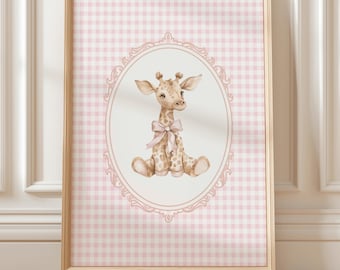Pink Gingham Giraffe Wall Art, Girl Nursery Decor, Pink Gingham Nursery Print, Giraffe Pink Bow Poster, Little Girl Room Decor, Printable