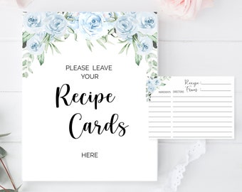 Recipe Cards and Sign, Blue Flowers Bridal Shower Decoration, Printable Bridal Shower Recipe Card, Floral Kitchen Shower, Recipe Insert, BW