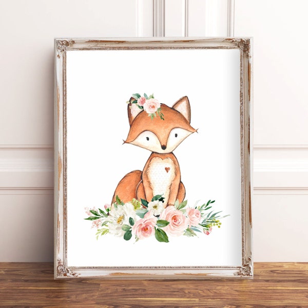 Floral Fox Nursery Wall Art, Printable Floral Nursery Decor, Baby Girl Nursery Wall Art, Fox Nursery Art Pink Floral, Woodland Girl Nursery