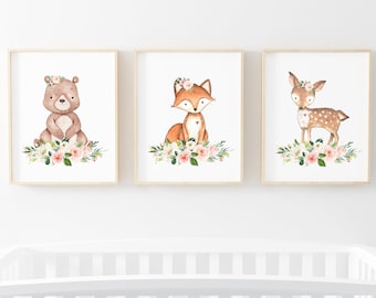 Woodland Nursery Decor, Baby Girl Nursery Wall Art, Pink Floral, Nursery Animal Print, Girl Room Decor, Woodland Girl Nursery