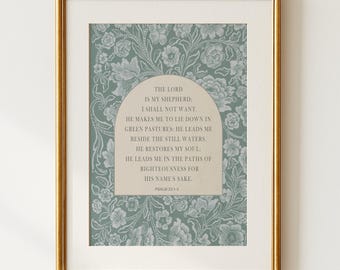 Christian Wall Art, Psalm 23 Bible Verse Print, The Lord Is My Shepherd Scripture, Vintage Floral Pattern, Christian Home Decor