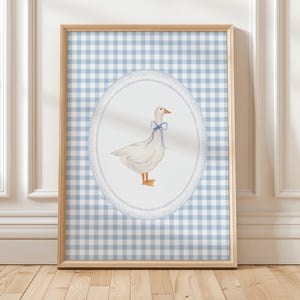 Gingham Goose Nursery Wall Art, Vintage Goose Print, Baby Boy Nursery, Goose Blue Bow Wall Art, Boys Room Decor, Duck Nursery Print