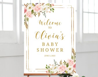 Floral Baby Shower Welcome Sign, Pink Gold Baby Shower Decoration, Welcome Shower Poster, Girl Baby Shower, Template Sign, GGB