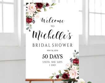 Countdown Welcome Bridal Shower Sign | Countdown Wedding | Welcome Poster | Fall Bridal Shower | Pink Burgundy | Template Sign | BWB