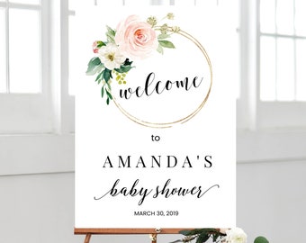 Floral Welcome Baby Shower Sign, Pink Gold Baby Shower Decoration, Boho Welcome Poster, Girl Baby Shower, Editable Welcome Template, BSL