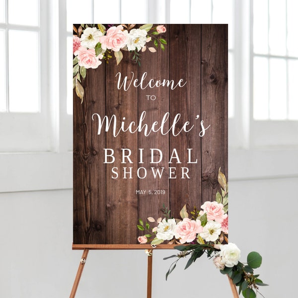 Rustic Bridal Shower Welcome Sign, Wood Welcome Poster, Pink Floral Welcome Sign, Large Welcome Sign, Rustic Shower Sign, Boho, Editable