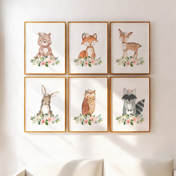 Woodland Nursery Wall Art, Girl Woodland Nursery Decor, Floral Woodland Nursery, Blush Flowers Animal Wall Art, Baby Shower Gift