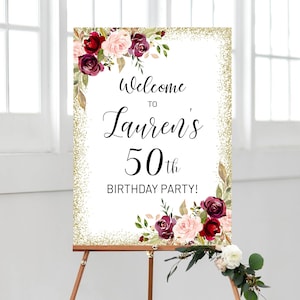 Welcome Birthday Sign, Welcome Poster, Gold Glitter, Any Age, Birthday Sign, Floral Burgundy Board, Women Birthday, Editable Template, BBG