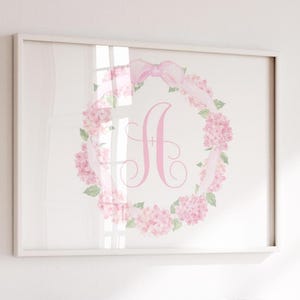 Hydrangea Monogram Girl Nursery, Monogram Nursery Wall Art Print, Pink Hydrangea, Girl Monogram Wall Art, Grandmillennial Nursery, Printable