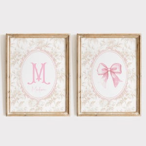 Vintage Nursery Monogram Wall Art Set, Pink Bow Print, Girl Nursery Custom Name Wall Art, Girl Room Decor, Grandmillenial Coquette Print