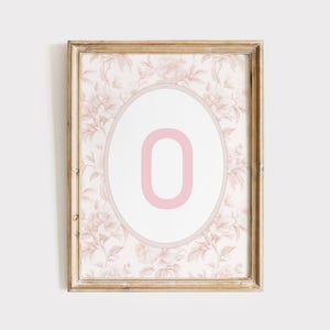 Arte mural con monograma chinoiserie rosa, estampado con monograma de la letra O, decoración floral para habitación de niña, estampado rosa Grandmillenial, arte mural con monograma de niña