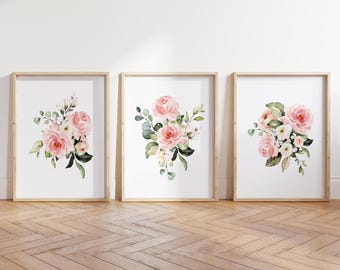 Pink Floral Nursery Decor, Watercolor Roses Wall Art, Girl Nursery Decor, Pink Floral Set, Printable Flowers Wall Art Print, Baby Gift