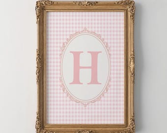 Anfangs H Wandkunst, rosa Gingham Name Anfangswandkunst, Monogramm Druck, Vintage H Anfangswandkunst, Mädchen Kinderzimmer Anfangsbuchstabe, Geschenkidee