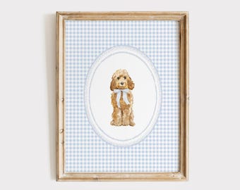 Cockapoo Nursery Print, Doodle Dog Nursery Wall Art, Blue Gingham Puppy Poster, Boy Nursery Dog Decor, Digital Download