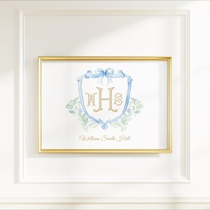 Pode incluir: Impress&atilde;o emoldurada com moldura dourada. A obra apresenta um monograma azul e dourado dentro de um design de escudo, adornado com um la&ccedil;o azul e detalhes florais. O nome "William Smith Hill" est&aacute; escrito abaixo.