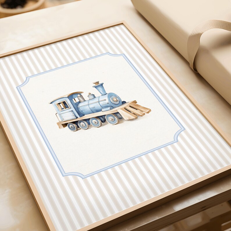 May include: A blue and white toy train with a wooden frame and wheels. The train is on a white background with a blue and white striped border.