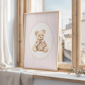 Väggkonst med rosa vintagebjörn för barnrum, barnrumsdekor för flickor, rosa ränder för barnrum, affisch med rosa rosett och björn, vintagerumsdekor för flickor, utskrivbar bild 6