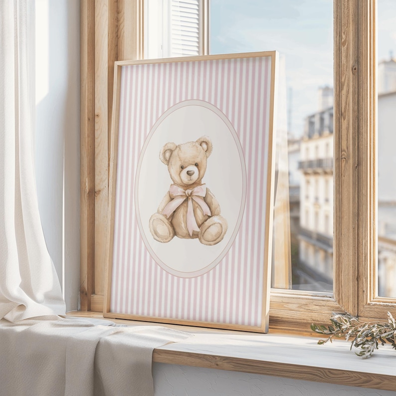 Väggkonst med rosa vintagebjörn för barnrum, barnrumsdekor för flickor, rosa ränder för barnrum, affisch med rosa rosett och björn, vintagerumsdekor för flickor, utskrivbar bild 6