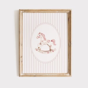 Pink Rocking Horse Wall Art, Vintage Girl Nursery Decor, Floral Rocking Horse Print, Little Girl Room, Pale Pink Grandmillenial, Printable