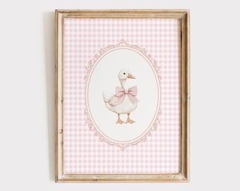 Silly Goose Nursery Print, Pink Gingham Girl's Decor, Vintage Cottagecore Wall Art, Girl Room Coquette Poster, Digital Download