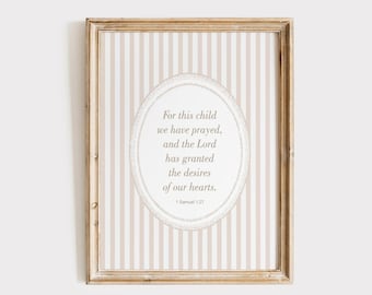 Impresión bíblica de Samuel 1:27, decoración infantil de cuadros vichy beige, arte mural "Por este niño he orado", habitación cristiana infantil, descarga digital