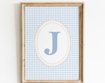 Initial J Wall Art, Blue Gingham Name Initial Wall Art, Monogram Print, Vintage J Initial Wall Art, Boy Nursery Initial letter, Baby Gift