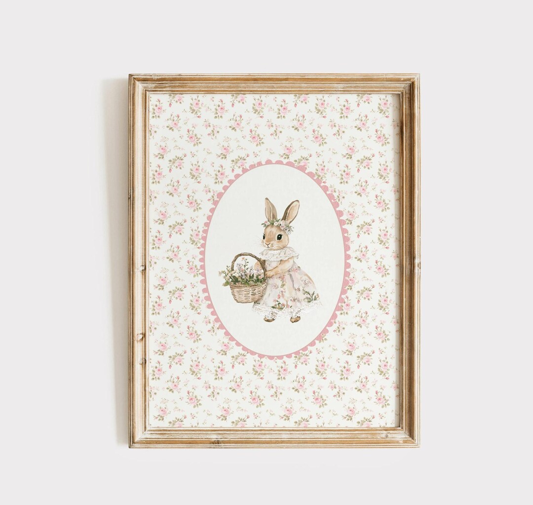 Bunny Nursery Wall Art, Pink Floral Girl's Room Decor, Vintage ...