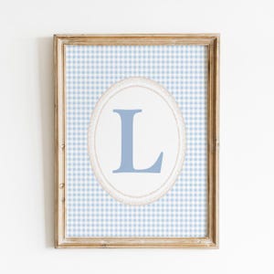 Arte de pared con la inicial L, arte de pared con la inicial del nombre a cuadros azules, impresión de monograma, arte de pared con la inicial L vintage, letra inicial para habitación de niño, regalo para bebé