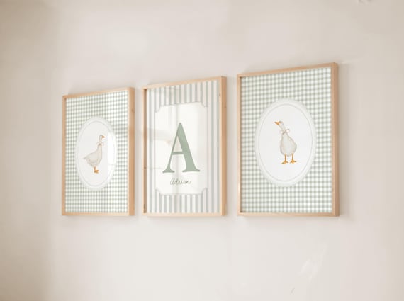 Sage Green Silly Goose Nursery Wall Art Set, Custom Name Print, Neutral Kids Room Artwork Decor