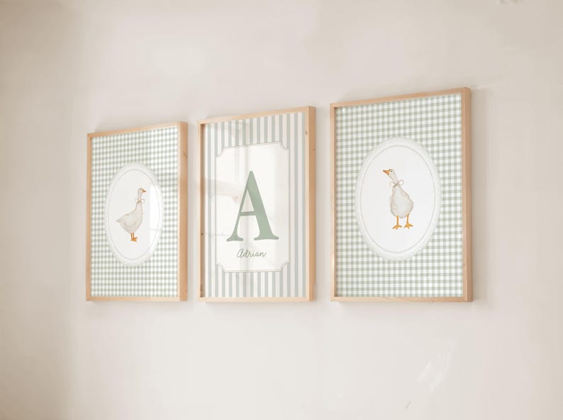 Sage Green Silly Goose Nursery Wall Art Set, Custom Name Print, Neutral Kids Room Artwork Decor image 1