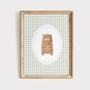 Bear Sage Gingham Print, Gender Neutral Nursery Decor, Sage Green Bear Wall Art, Bear Poster, Woodland Nursery Print, Animal Kids Room