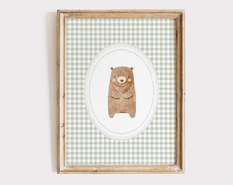 Bear Sage Gingham Print, Gender Neutral Nursery Decor, Sage Green Bear Wall Art, Bear Poster, Woodland Nursery Print, Animal Kids Room