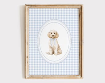 Quadro para quarto de bebê com estampa de Golden Doodle, decoração xadrez azul para quarto de bebê, pôster de cachorrinho para quarto de bebê, arte de parede com cachorro para quarto de menino, estampa de cachorro em aquarela, arquivo digital