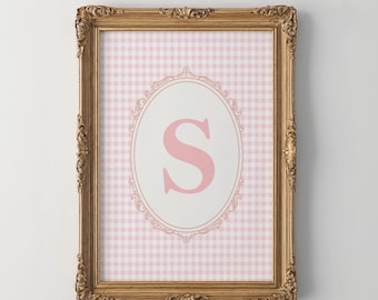 Anfangswandkunst S, rosa Gingham-Name Anfangswandkunst, Monogrammdruck, Vintage S-Anfangswandkunst, Anfangsbuchstabe im Mädchen-Kinderzimmer, Babygeschenk