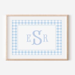 Blue Gingham Monogram Print, Boy Nursery Wall Art, Boy Monogram Print, Boy Room Wall Decor, Above Crib Monogram Print, Personalized Initials
