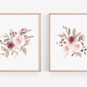 Dusty Roses Nursery Decoration, Baby Girl Nursery Wall Art Prints, Floral Nursery Decor, Pink Floral Bouquet, Watercolor Flowers Wall Art