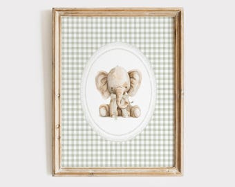 Vintage Elephant Nursery Print, Sage Green Gingham Nursery Decor, Elephant Bow Poster, Neutral Nursery Wall Art, Boy Nursery, Girls Room