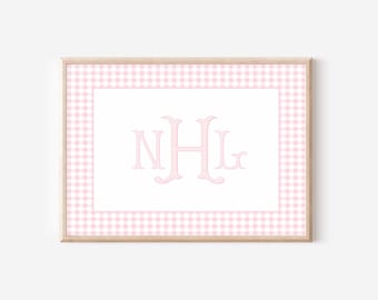 Impressão xadrez rosa com monograma, arte de parede para quarto de menina, arte de parede com iniciais de menina, decoração para quarto de menina, pôster para colocar acima do berço, presente para chá de bebê
