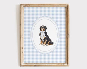 Bernese Mountain Nursery Print, Blue Gingham Nursery Wall Art, Puppy Nursery Wall Art, Boys Room Dog Decor, Dog Wall Art Print, Blue Bow