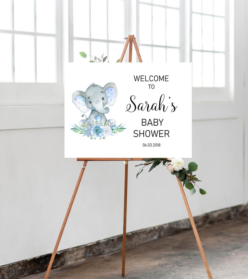 Elephant Baby Shower Welcome Sign Landscape Poster BE1 Baby Boy Africa Animal Printable Floral Shades of Blue Welcome Poster