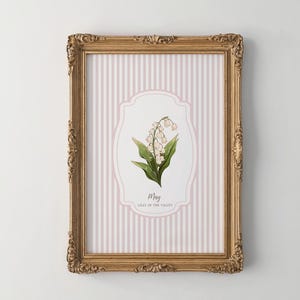 Flor del mes de nacimiento, mayo, arte mural de lirio de los valles, estampado floral vintage, arte mural de flores botánicas, regalo personalizado para ella, imprimible