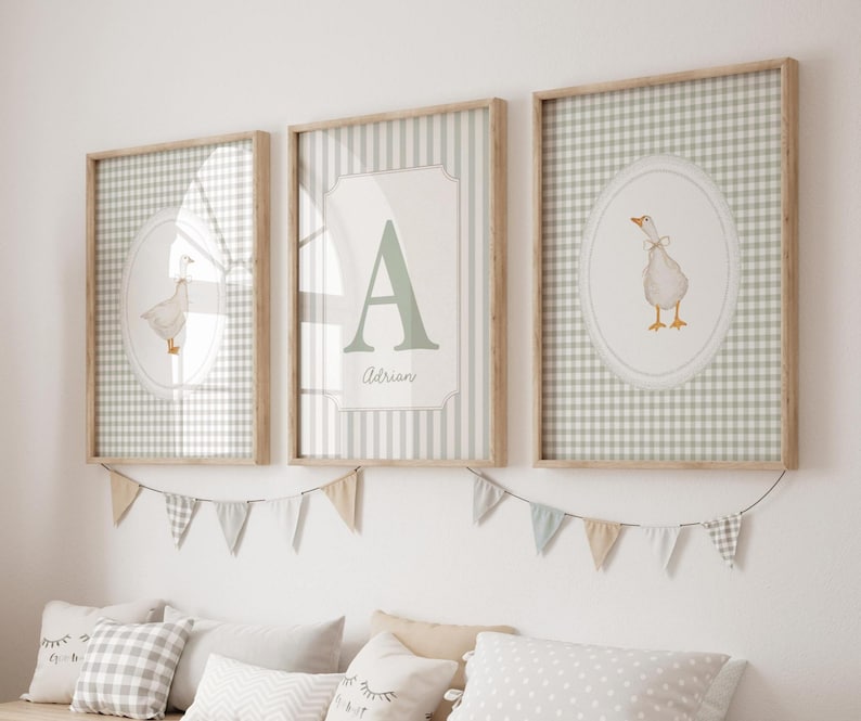 Sage Green Silly Goose Nursery Wall Art Set, Custom Name Print, Neutral Kids Room Artwork Decor image 3