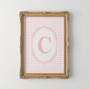 Art mural initial C, art mural initial nom vichy rose, impression monogramme, art mural initial C vintage, lettre initiale de chambre de bébé, idée cadeau