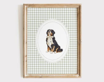 Bernese Mountain Nursery Print, Gingham Sage Green Nursery Decor, Puppy Nursery Print, Boy Nursery Dog Wall Art, Girl Dog Sage Nursery Print