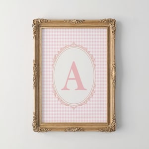 Arte de pared con la inicial A, arte de pared con la inicial del nombre a cuadros rosas, impresión con monograma, arte de pared con la inicial A vintage, letra inicial para guardería de niñas, idea de regalo