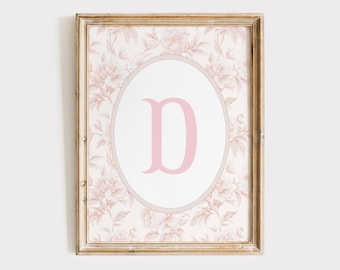 Art mural monogramme chinoiserie rose, impression lettre D monogramme, décoration florale pour chambre de bébé fille, impression grand-millénaire rose, art mural fille monogramme
